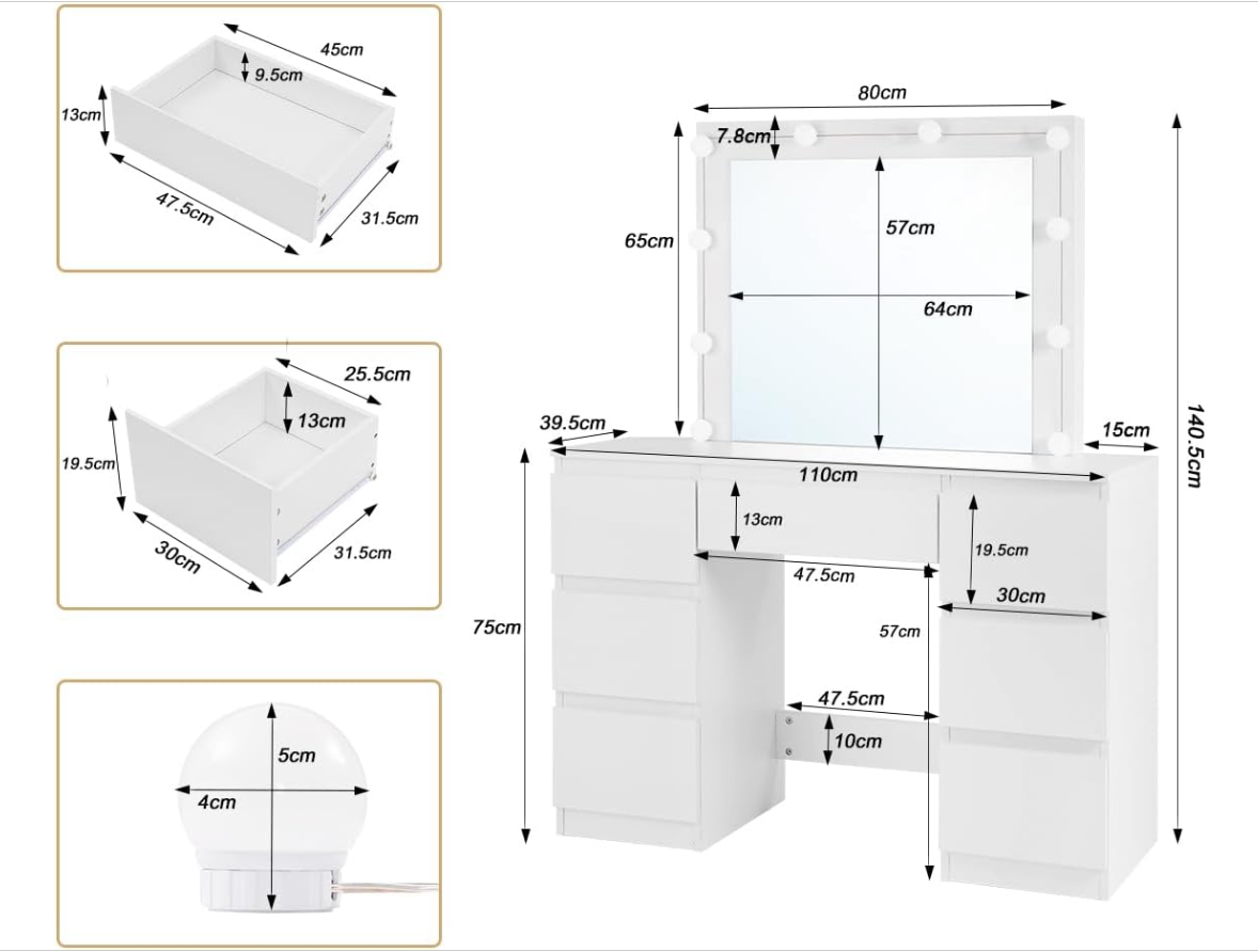 Coiffeuse Blanche avec Miroir LED - 7 Tiroirs